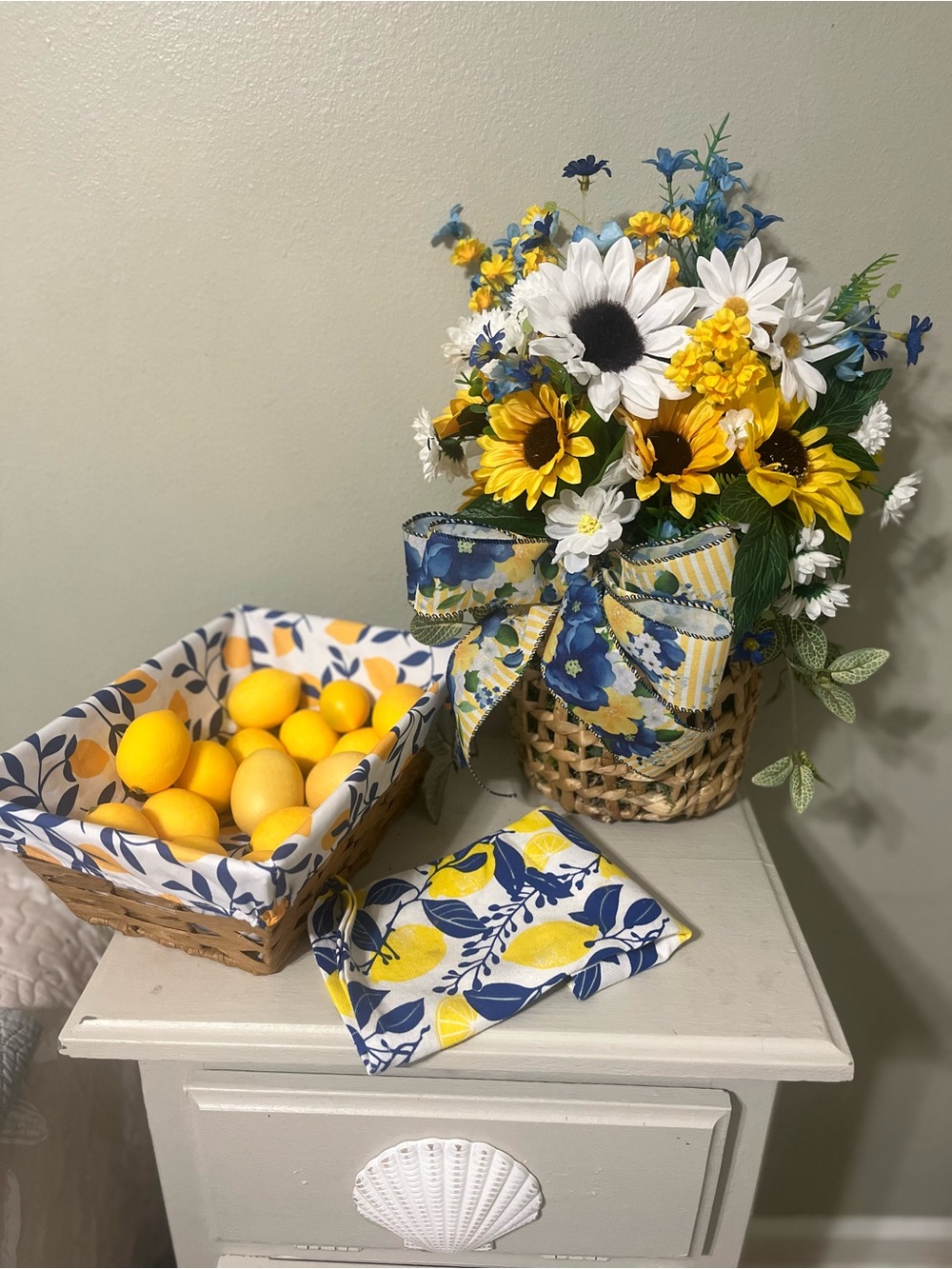 Floral Sunflower & Daisy Basket Arrangement in White, Yellow and Blue